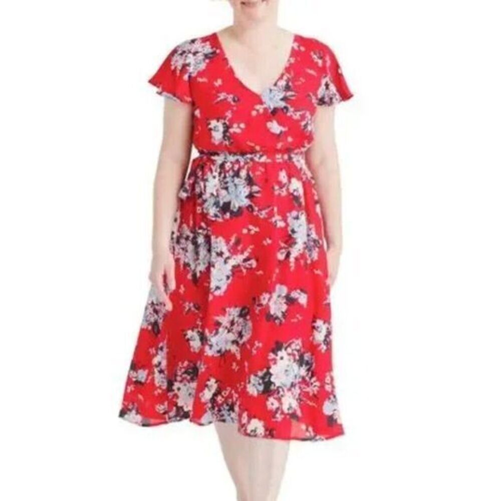 Modcloth Fits of Bliss Midi‎ Floral Wrap red Dress, 3X